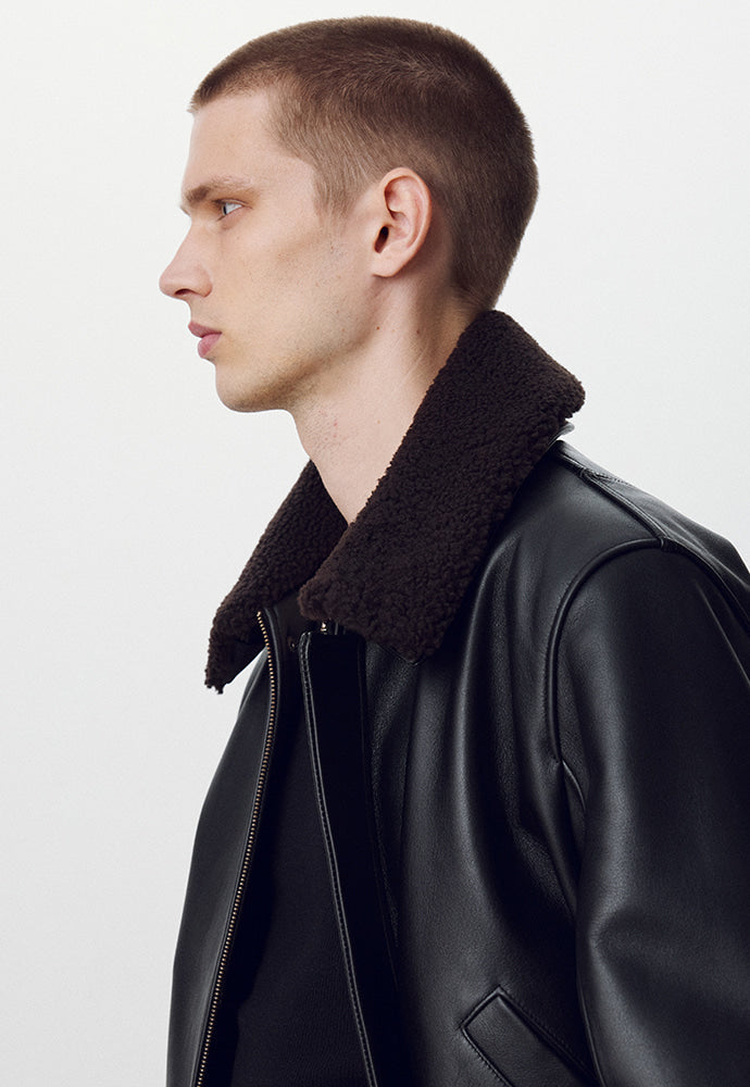Tonywack - Shearling Collar Leather Bomber Jacket (Black) product image 8 | TRAB K-Fashion Australia