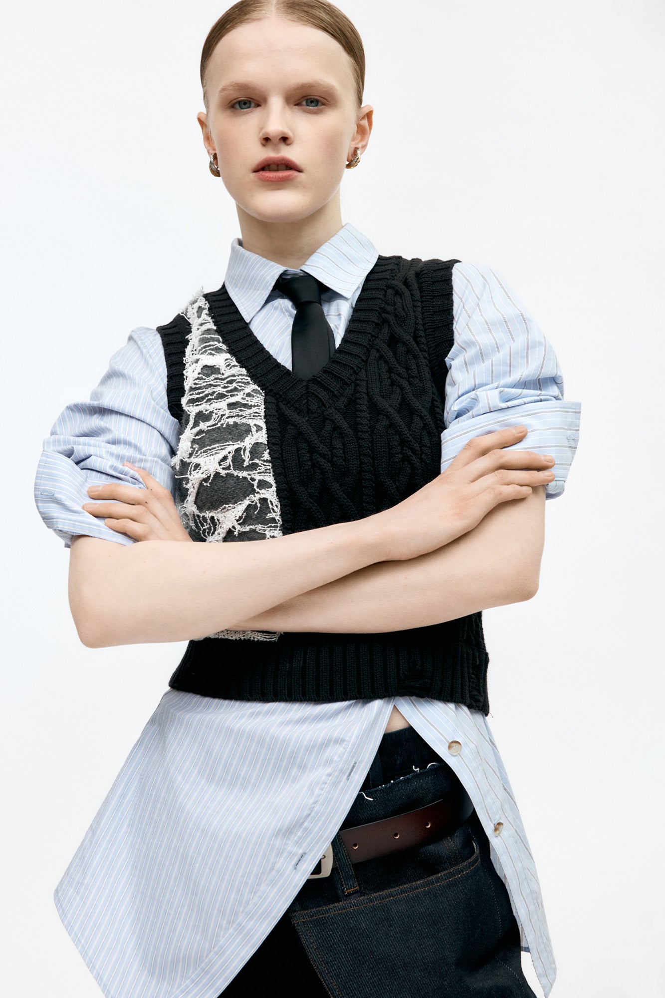 Andersson Bell - Boucle Cable Patchwork Knit Vest (Charcoal) product image 2 | TRAB K-Fashion Australia