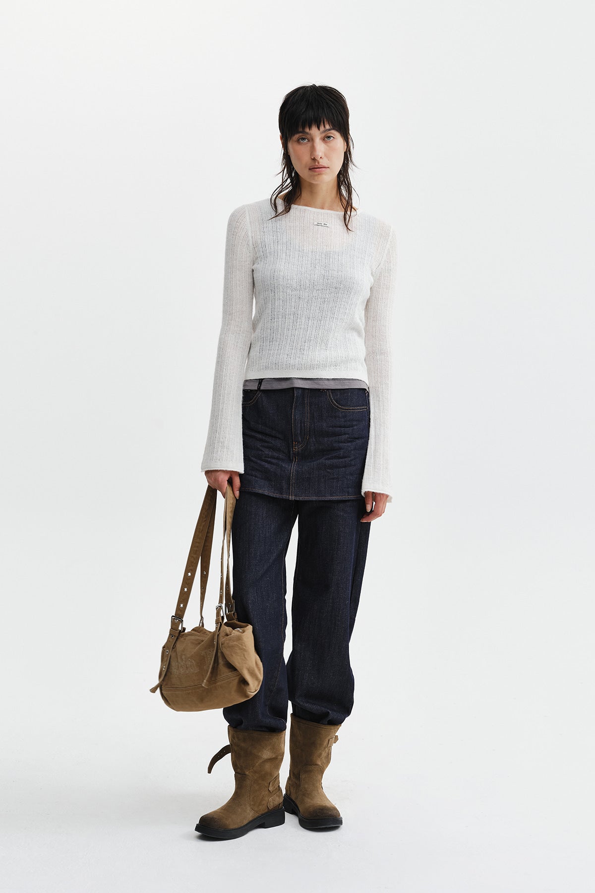 Matin Kim - Skirt Overlay Denim Pants (Dark Navy) product image 9 | TRAB K-Fashion Australia
