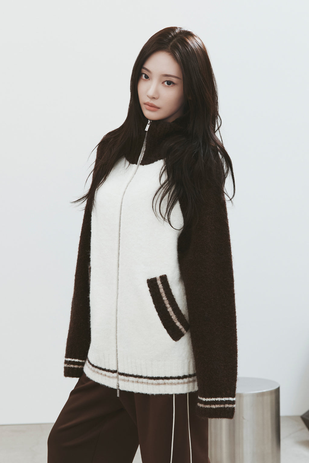 Matin Kim - High Neck Raglan Knit Zip Up (Dark Brown) product image 1 | TRAB K-Fashion Australia