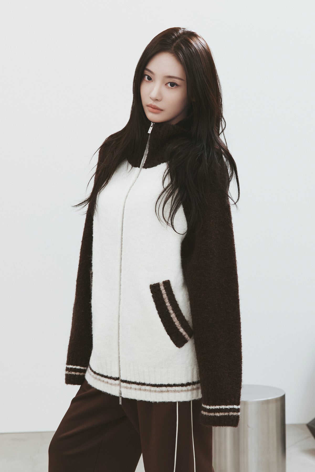 Matin Kim - High Neck Raglan Knit Zip Up (Dark Brown) product image 1 | TRAB K-Fashion Australia