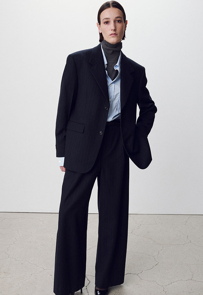 Tonywack - Virgin Wool Double-Pleats Wide Trousers (Navy Pinstripe) product image 3 | TRAB K-Fashion Australia