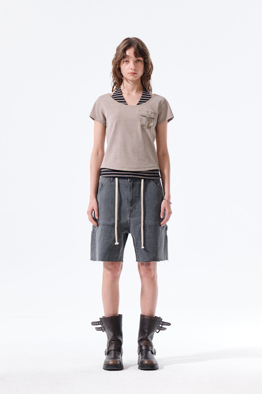 Matin Kim - Heringbone Raw Cut Denim Shorts (Grey) product image 17 | TRAB K-Fashion Australia