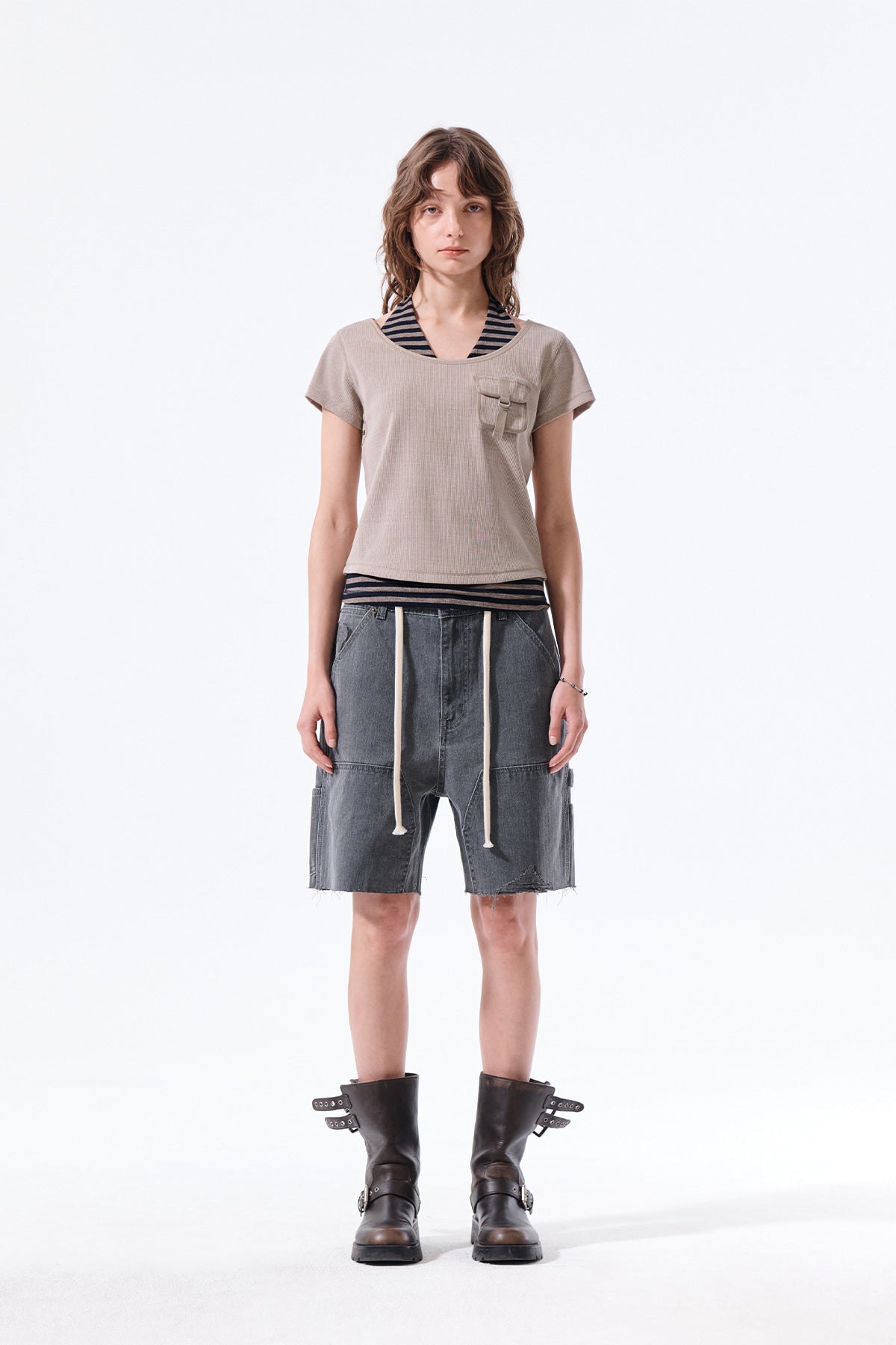 Matin Kim - Heringbone Raw Cut Denim Shorts (Grey) product image 17 | TRAB K-Fashion Australia