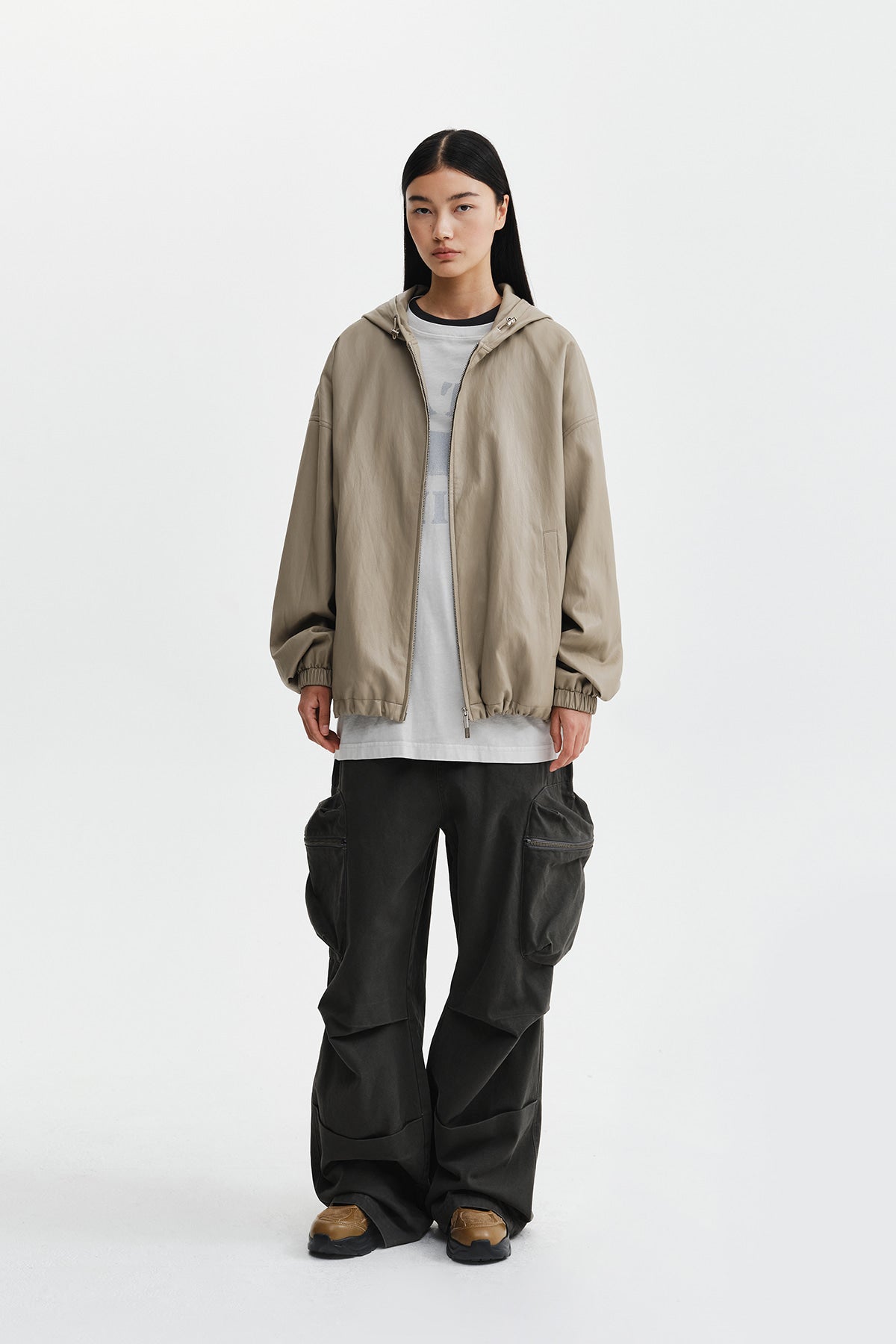 Matin Kim - Faux Leather Applique Logo Hoody Jumper (Beige) product image 9 | TRAB K-Fashion Australia