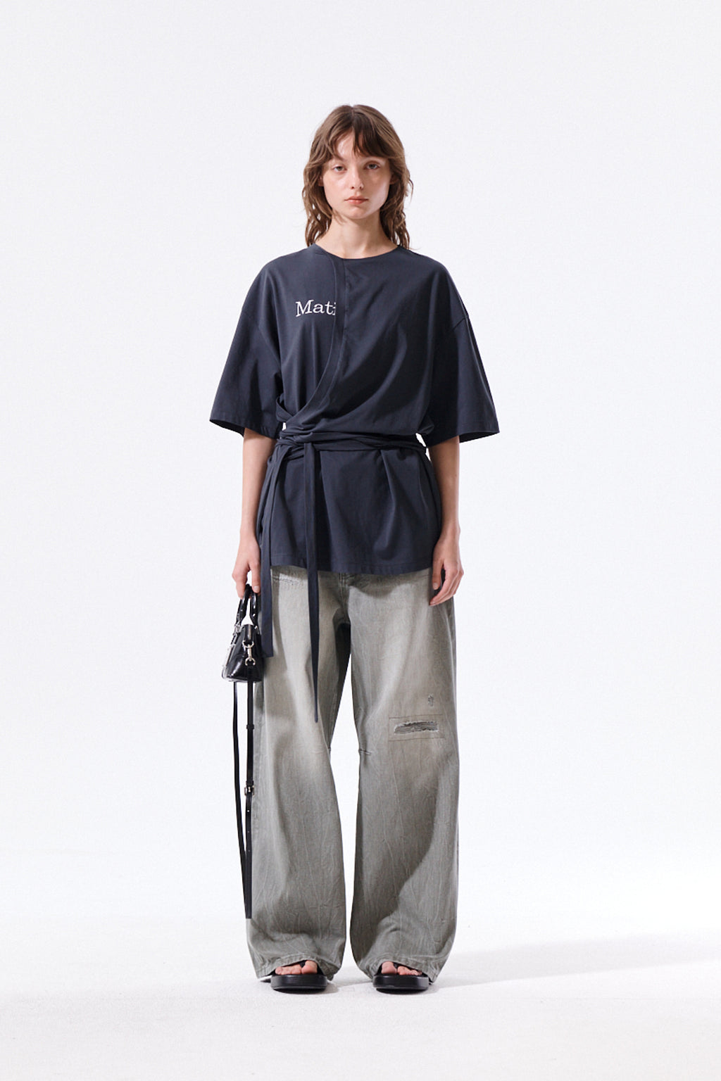 Matin Kim - Tie Detail Draped Logo Top (Charcoal) product image 6 | TRAB K-Fashion Australia