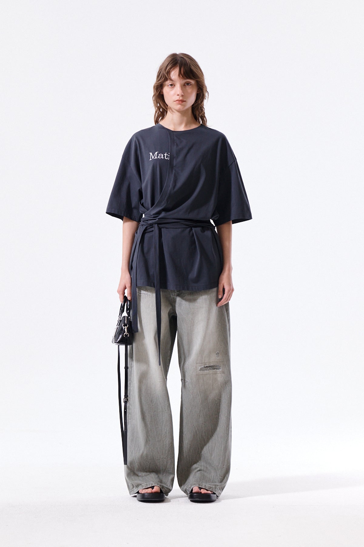Matin Kim - Tie Detail Draped Logo Top (Charcoal) product image 6 | TRAB K-Fashion Australia