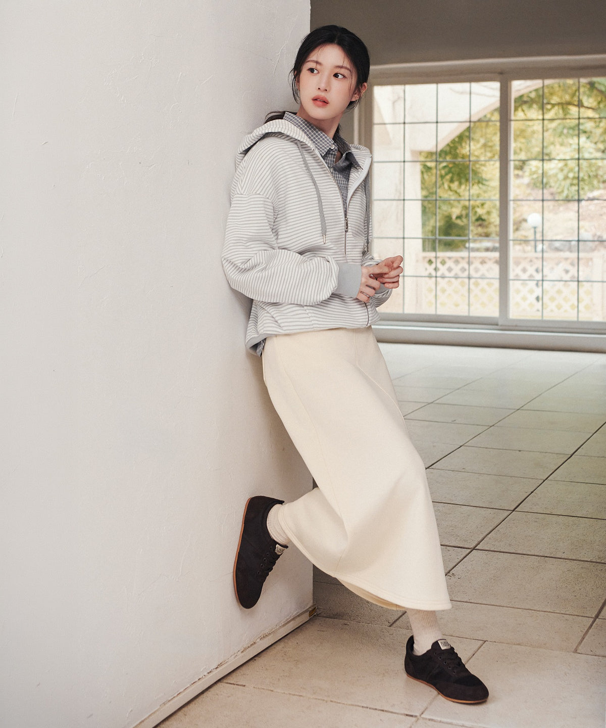 Marithe & Francois Girbaud - Classic Logo Long Sweat Skirt (Cream) product image 1 | TRAB K-Fashion Australia