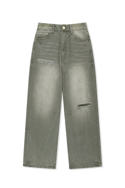 Matin Kim - Back Logo Washed Denim Pants (Khaki) product image 1 | TRAB K-Fashion Australia