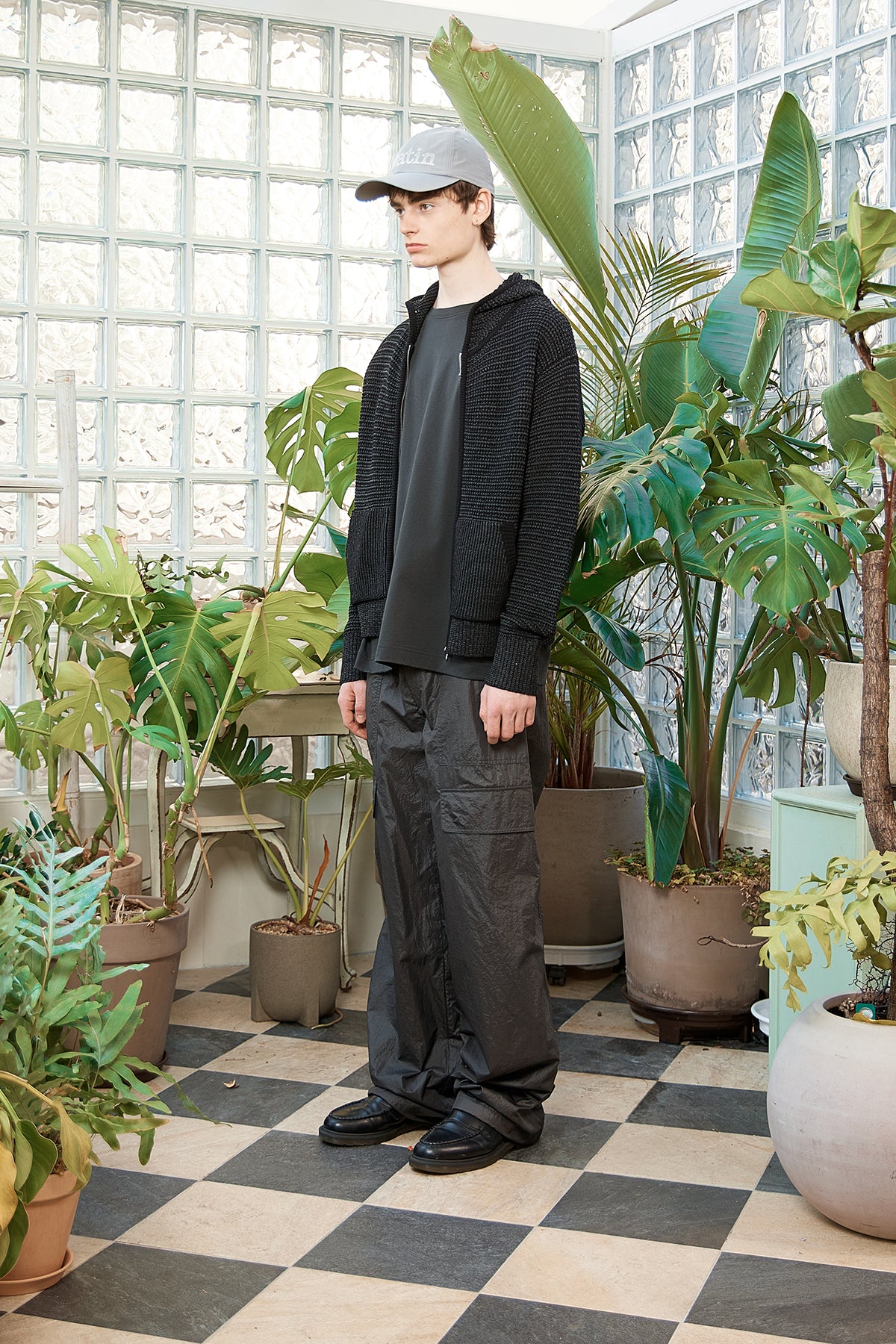 Matin Kim - Two Tone Mesh Knit Hoody Zip Up (Black) product image 12 | TRAB K-Fashion Australia