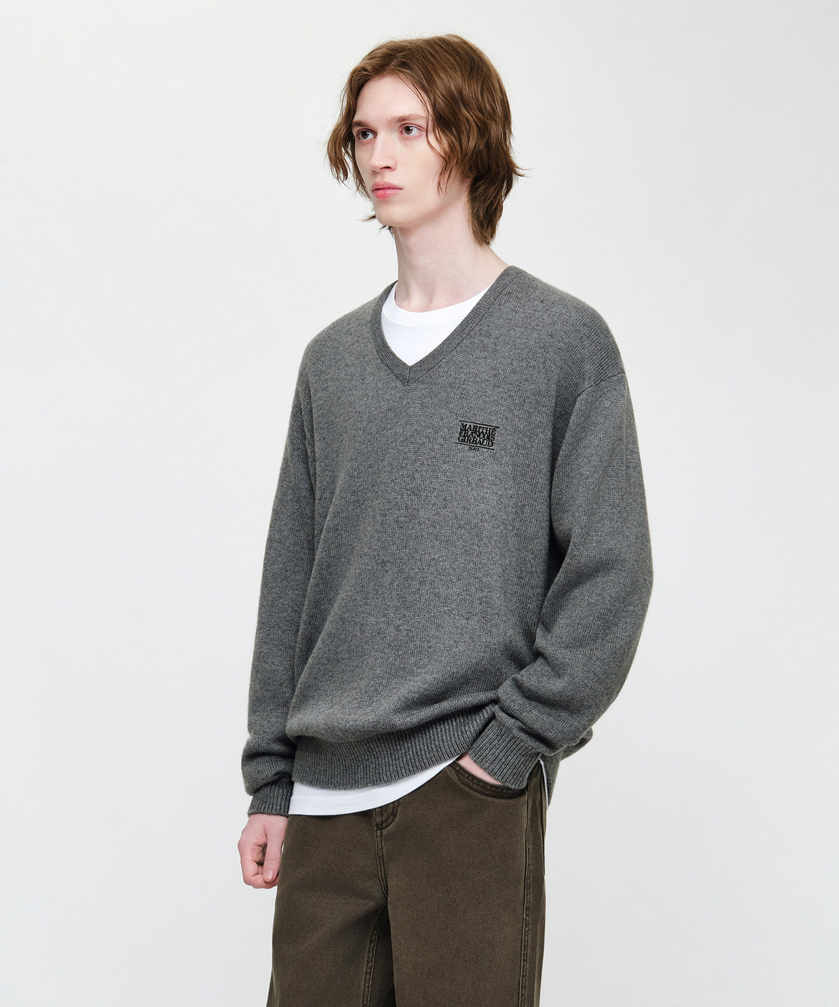 Marithe & Francois Girbaud - Small Classic Logo Oversized V-neck Knit Pullover (Heather Gray) product image 1 | TRAB K-Fashion Australia