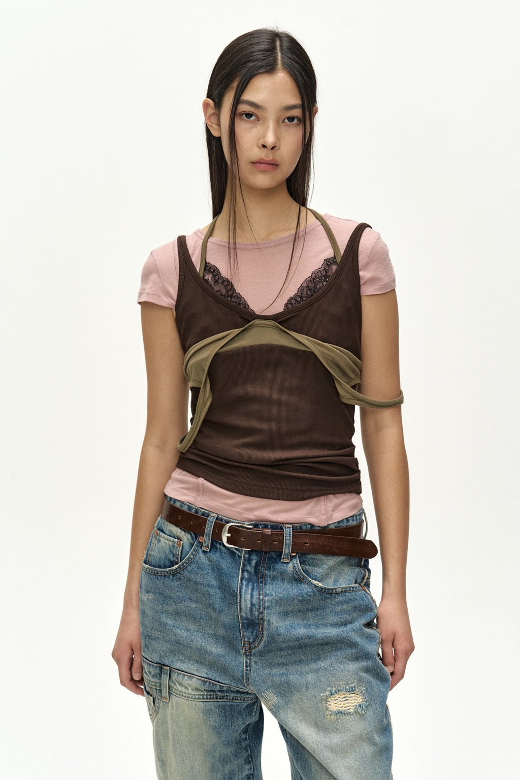 Andersson Bell - [Pre-Order – Ships June 24] Upside-Down Layered T-Shirt (Pink/Brown) product image 8 | TRAB K-Fashion Australia