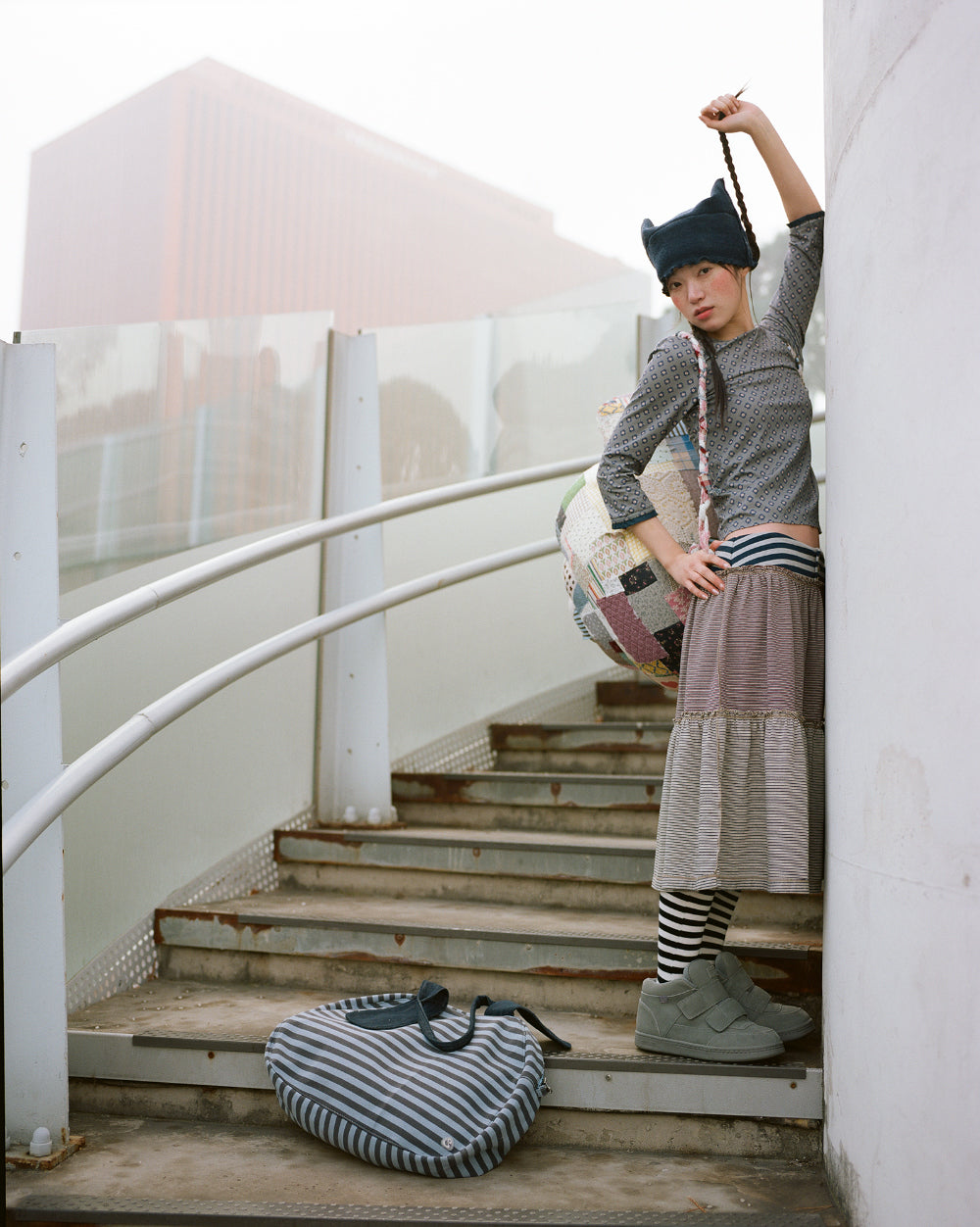 Coyseio - Colored Stripe Midi Skirt (Grey Beige) product image 2 | TRAB K-Fashion Australia