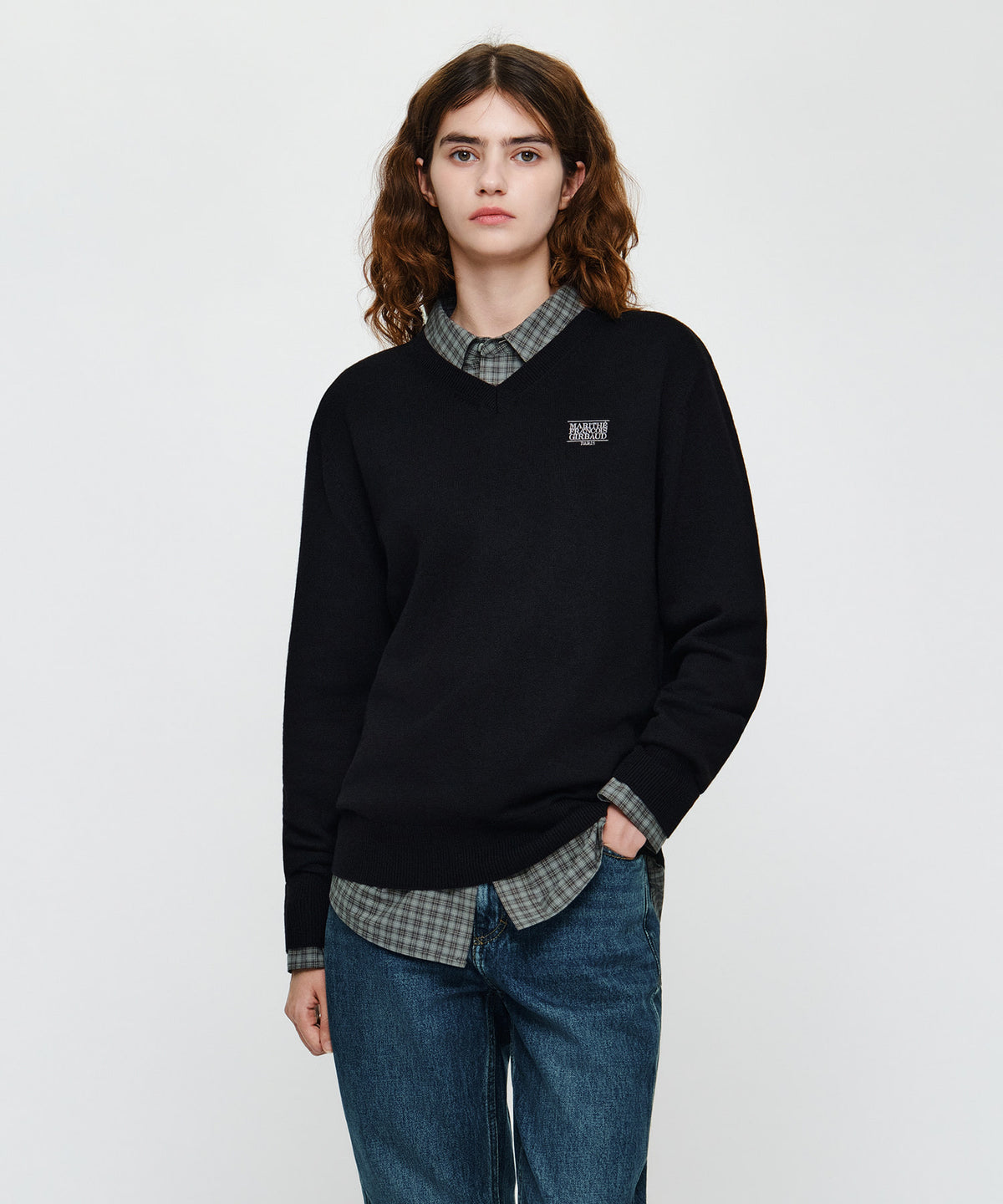 Marithe & Francois Girbaud - Micro Classic Logo V-neck Knit (Black) product image 1 | TRAB K-Fashion Australia