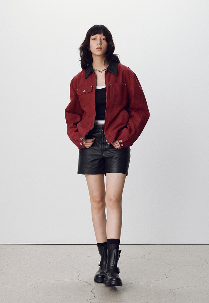Tonywack - Leather Collar Garment-Washed Rivet Work Jacket (Red) product image 2 | TRAB K-Fashion Australia
