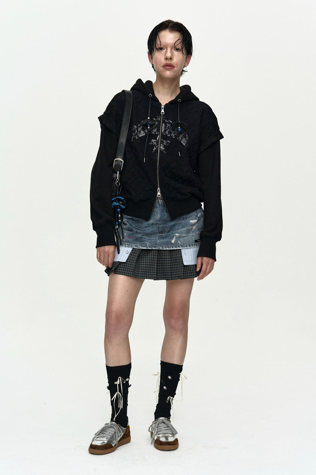 Andersson Bell - Lace Layered Hood Zip Up (Navy / Black) product image 1 | TRAB K-Fashion Australia