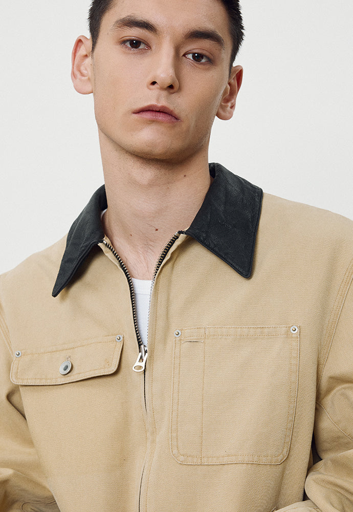 Tonywack - Leather Collar Garment-Washed Rivet Work Jacket (Faded Beige) product image 6 | TRAB K-Fashion Australia