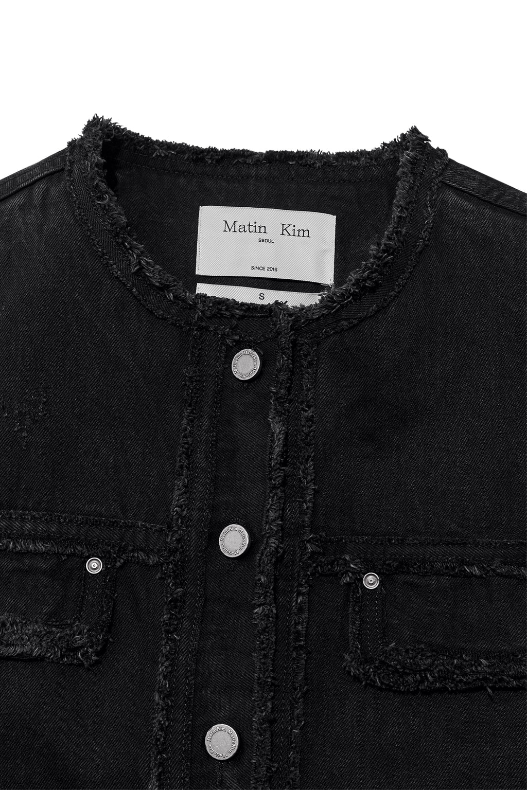 Matin Kim - Collarless Damage Denim Jacket (Black) product image 3 | TRAB K-Fashion Australia