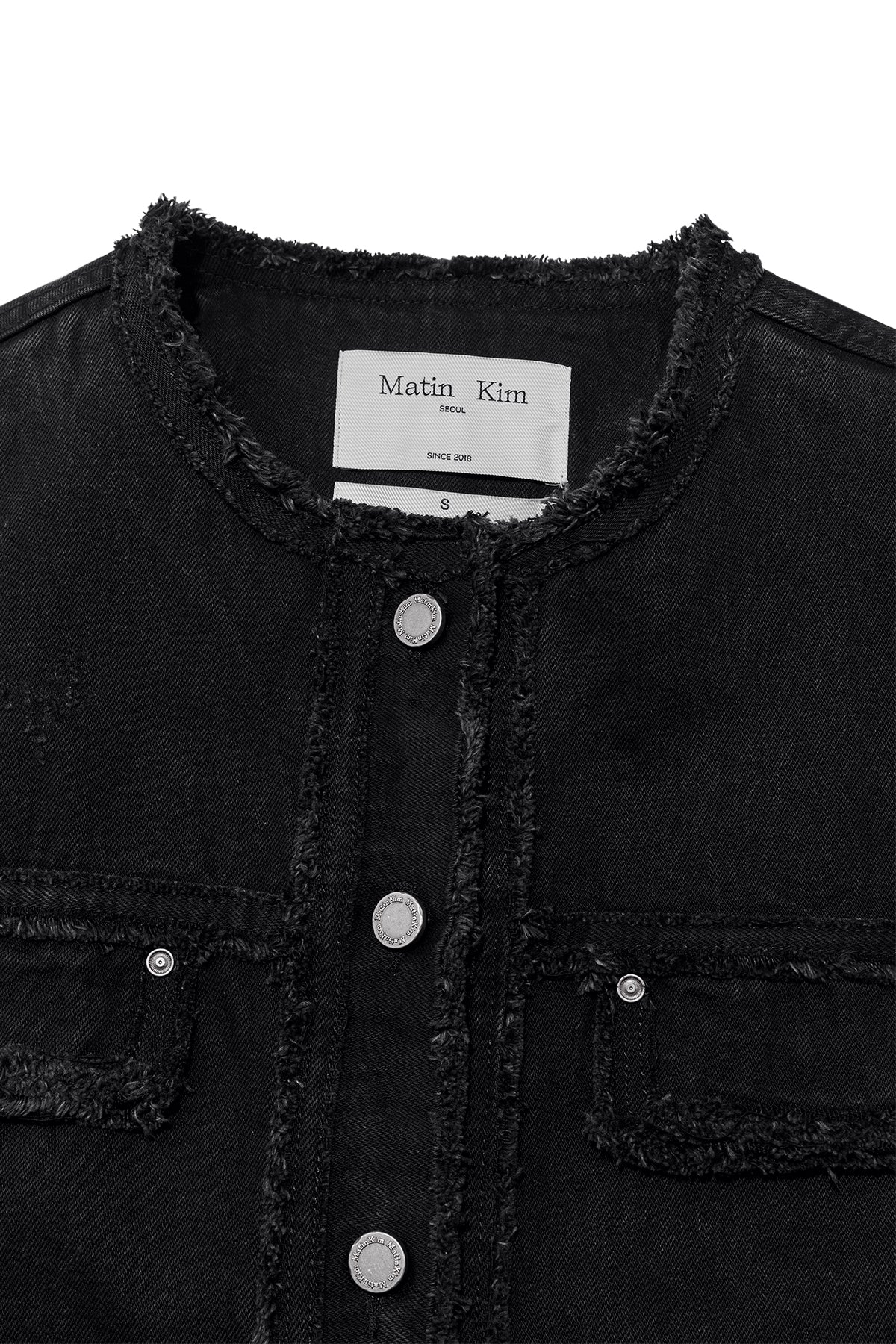 Matin Kim - Collarless Damage Denim Jacket (Black) product image 3 | TRAB K-Fashion Australia
