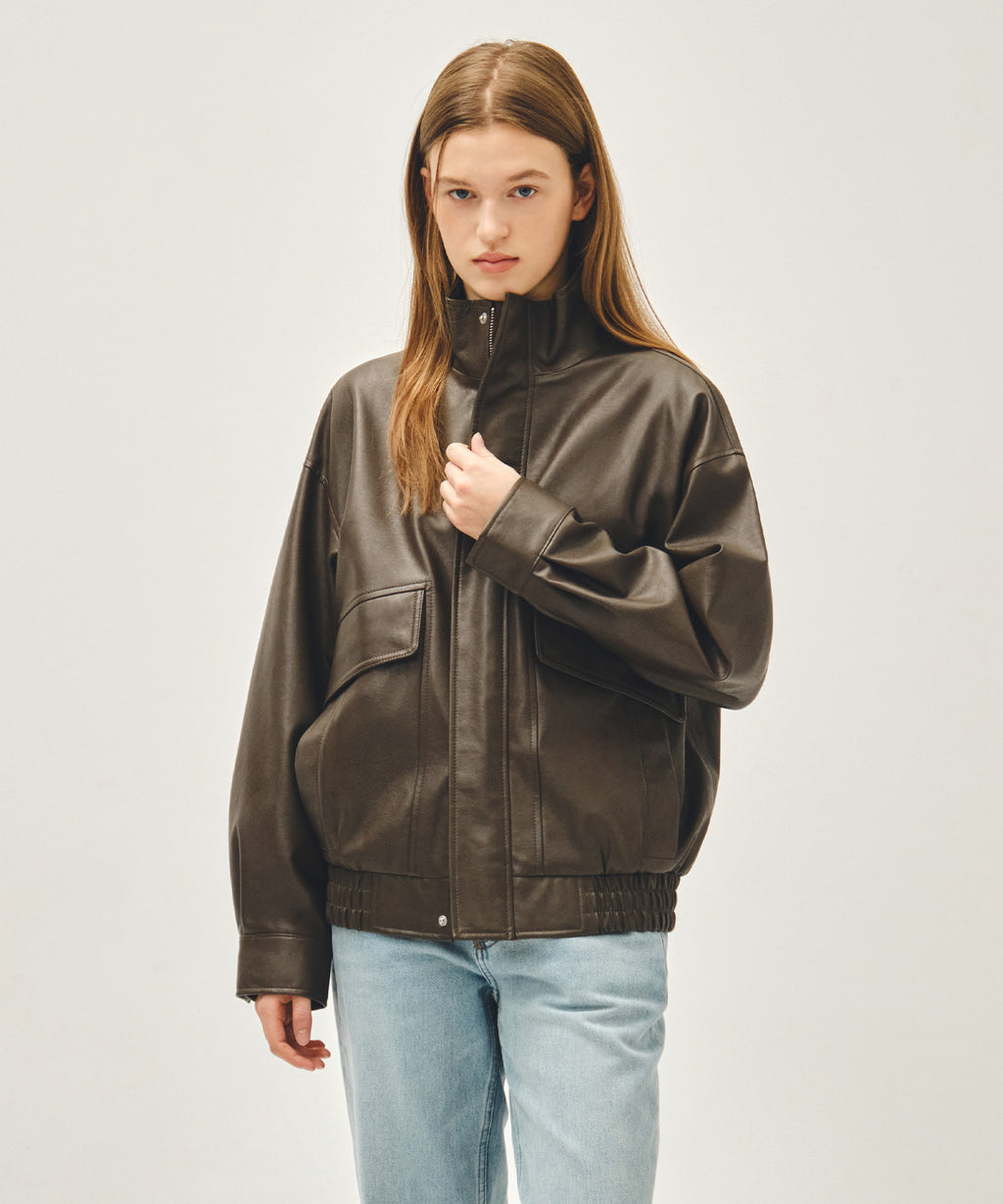 Marithe & Francois Girbaud - Faux Leather High Neck Jacket (Brown) product image 1 | TRAB K-Fashion Australia