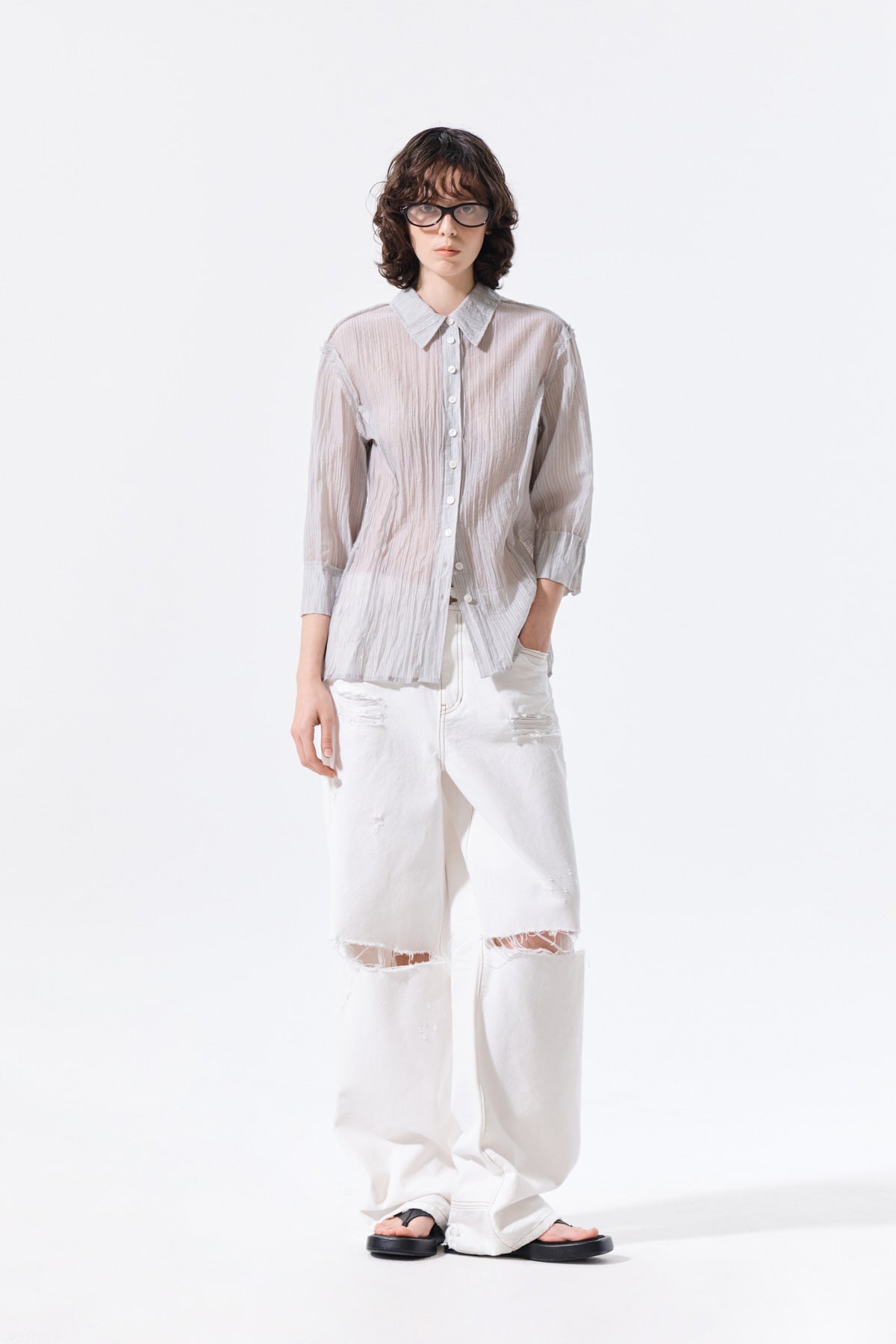 Matin Kim - Raw Edge Crinkle Blouse (Light Grey) product image 10 | TRAB K-Fashion Australia