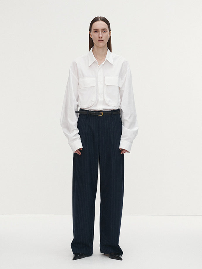Tonywack - Striped Wool Double-Pleats Wide Trousers (Navy Pinstripe) product image 2 | TRAB K-Fashion Australia