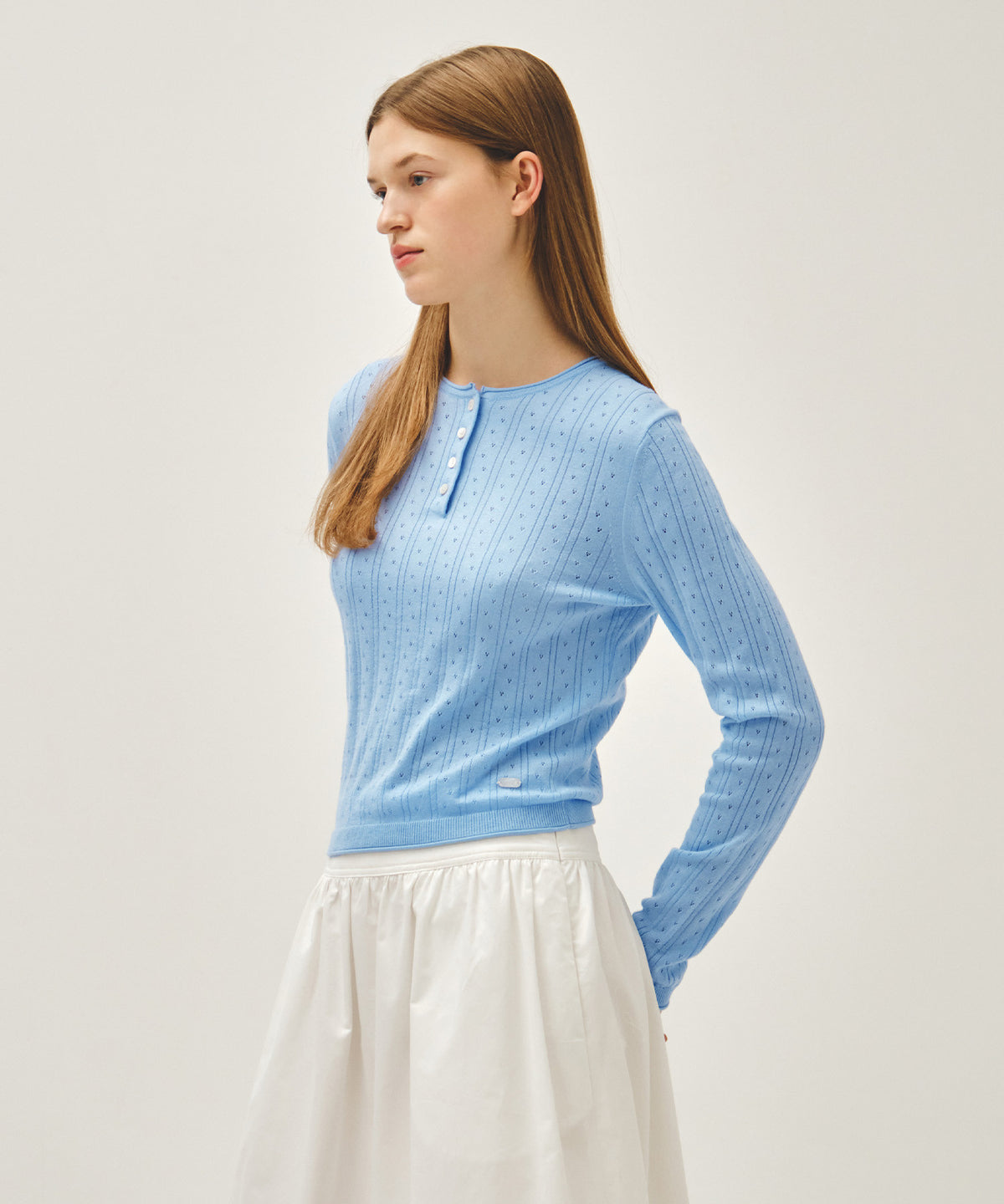 Marithe & Francois Girbaud - Crochet Half Button Knit (Sky Blue) product image 2 | TRAB K-Fashion Australia