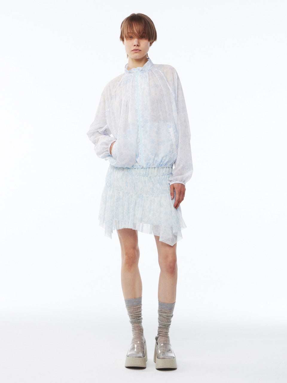 Kijun - Flower Sheer Windbreaker (Print Sky Blue) product image 3 | TRAB K-Fashion Australia