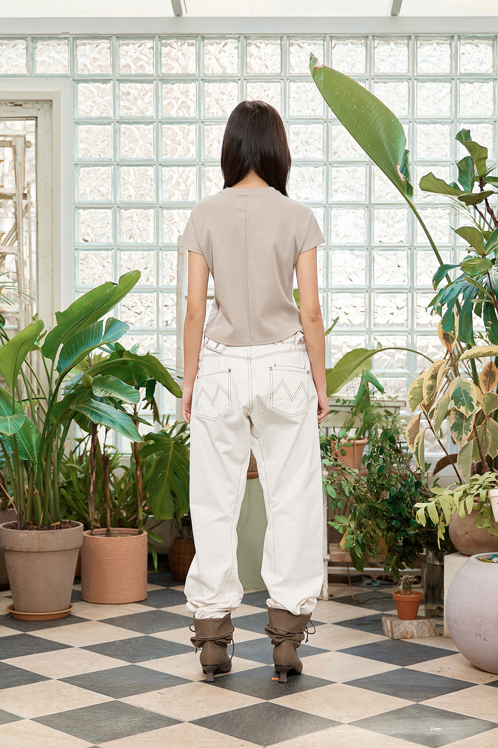 Matin Kim - Waist Buckle Curved Twill Denim Pants (White) product image 9 | TRAB K-Fashion Australia