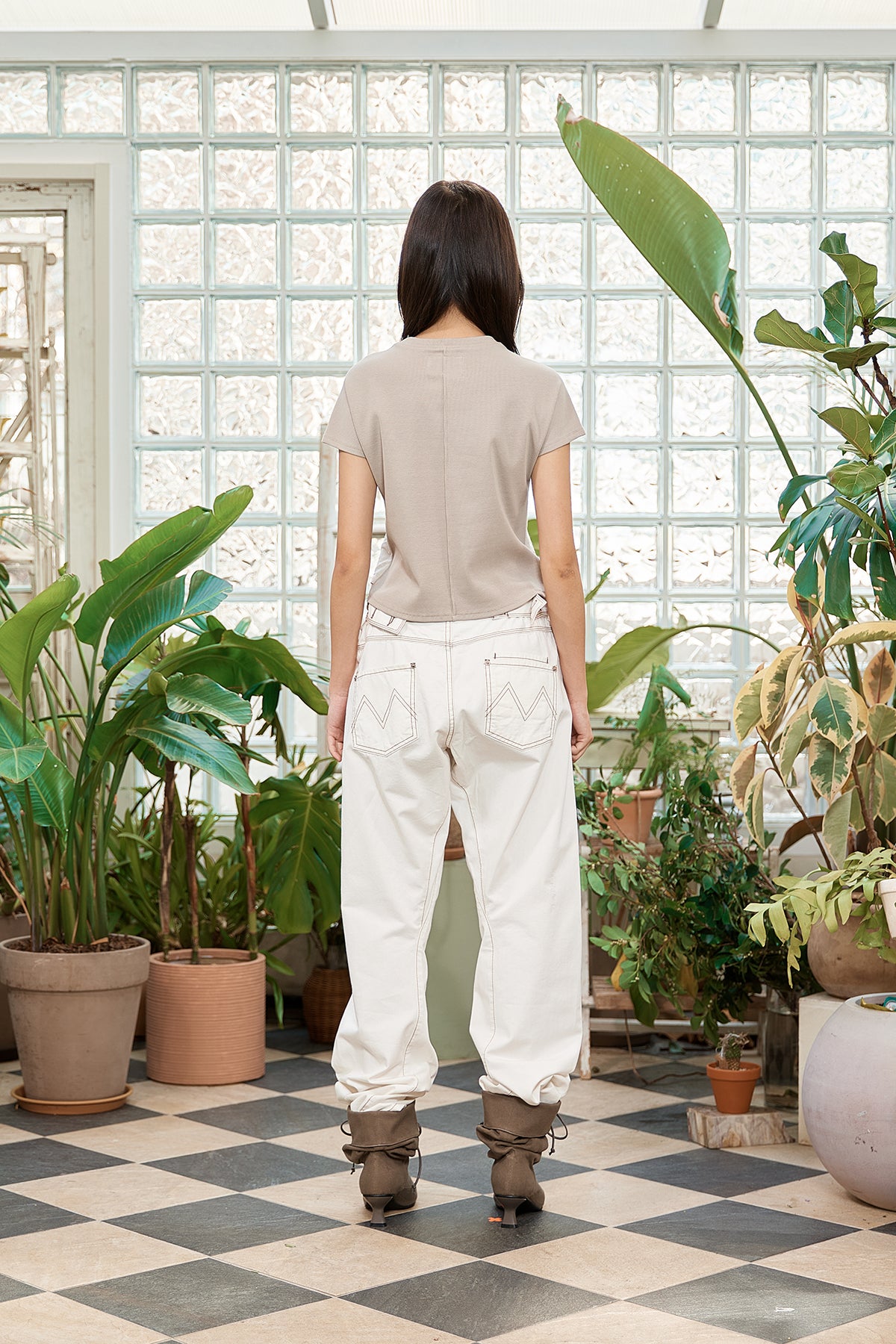 Matin Kim - Waist Buckle Curved Twill Denim Pants (White) product image 9 | TRAB K-Fashion Australia