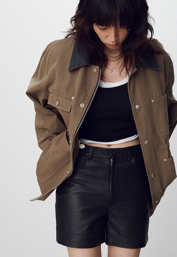 Tonywack - Leather Collar Garment-Washed Utility Jacket (Faded Olive) product image 5 | TRAB K-Fashion Australia