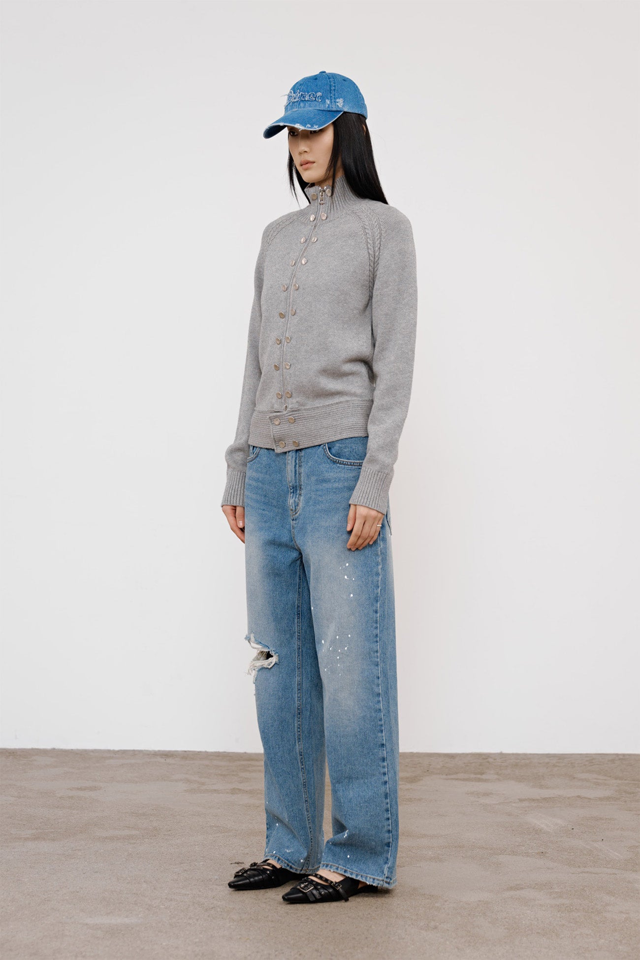 Deinet - High-Neck Stud Knit Outer (Melange Grey) product image 2 | TRAB K-Fashion Australia