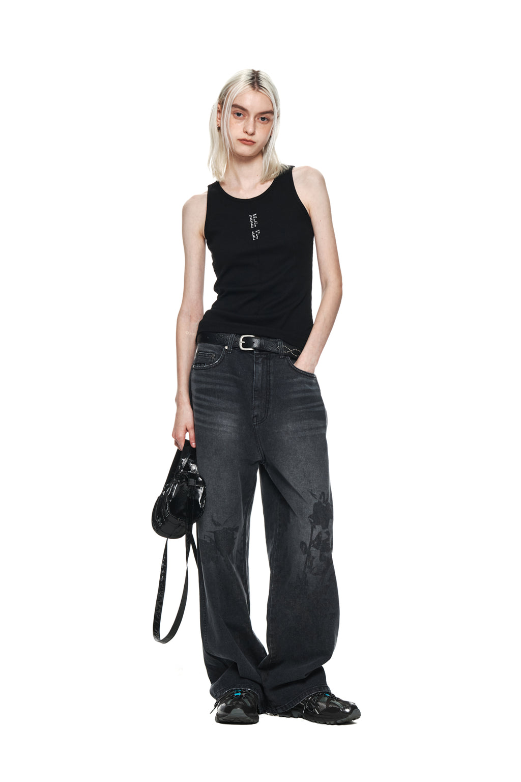 Matin Kim - Flower Printed Denim Pants (Charcoal) product image 8 | TRAB K-Fashion Australia