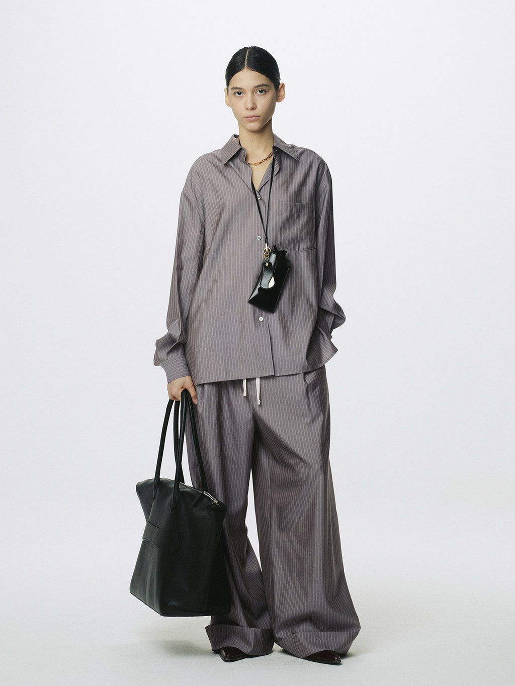 Tonywack - Silk Wool Oversized Raw Edge Shirt (Dark Grey Stripe) product image 1 | TRAB K-Fashion Australia