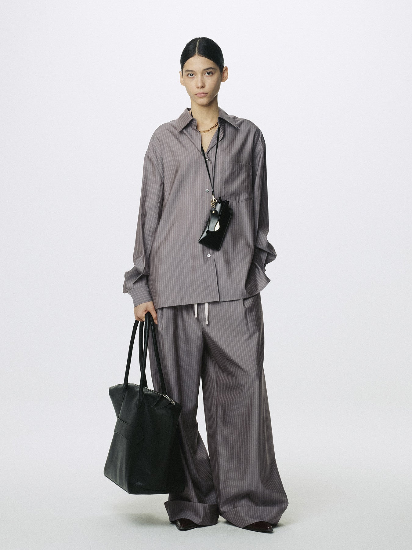 Tonywack - Silk Wool Oversized Raw Edge Shirt (Dark Grey Stripe) product image 1 | TRAB K-Fashion Australia