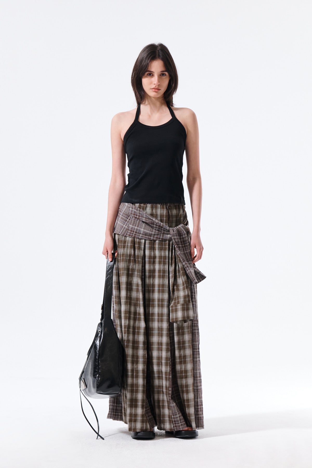 Matin Kim - Mixed Check Sleeve Tie Flare Skirt (Brown) product image 10 | TRAB K-Fashion Australia