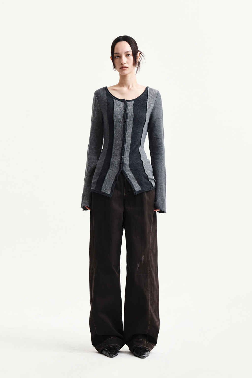 Matin Kim - Color Block Slim Knit Cardigan (Charcoal) product image 10 | TRAB K-Fashion Australia