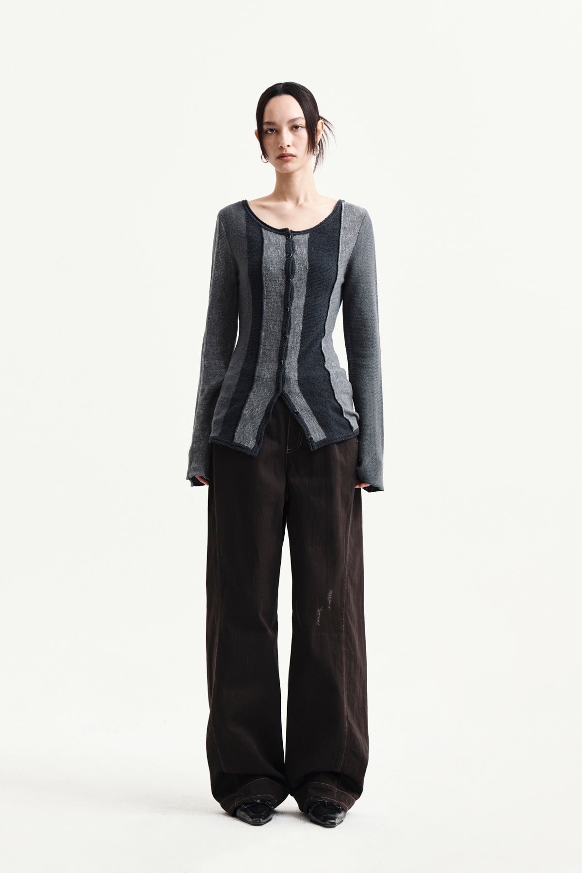 Matin Kim - Color Block Slim Knit Cardigan (Charcoal) product image 10 | TRAB K-Fashion Australia