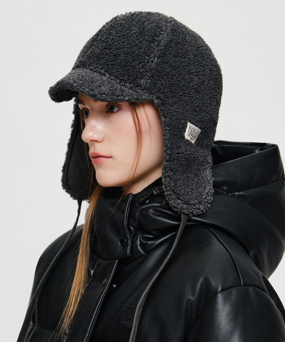 Marithe & Francois Girbaud - Micro Classic Logo Fleece Earflap Cap (Charcoal) product image 5 | TRAB K-Fashion Australia