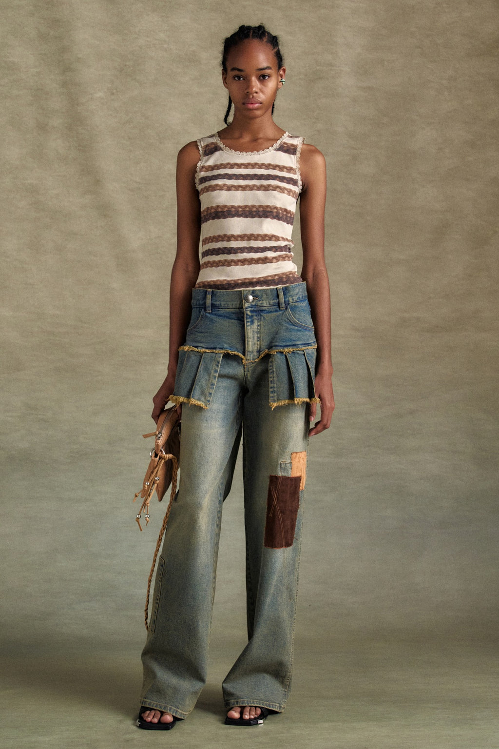 Andersson Bell - Patchwork Denim Pleats Skirt Jeans (Washed Blue) product image 1 | TRAB K-Fashion Australia