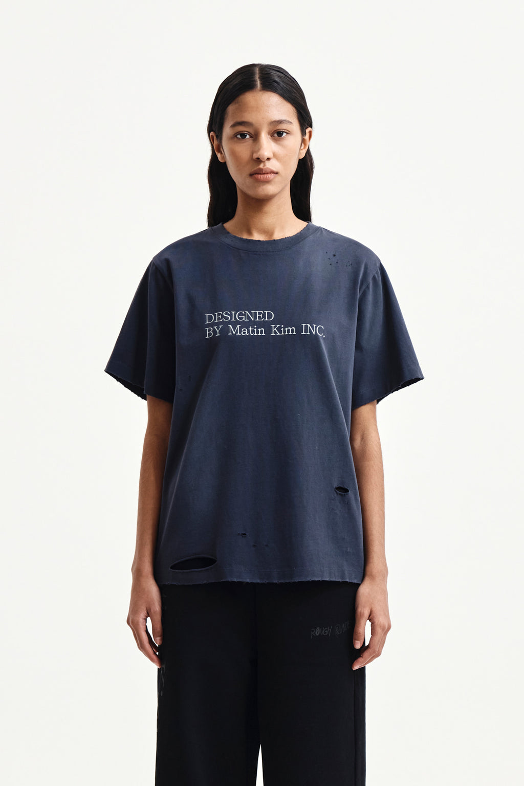 Matin Kim - Spray Washed Lettering Damaged Top (Navy) product image 15 | TRAB K-Fashion Australia