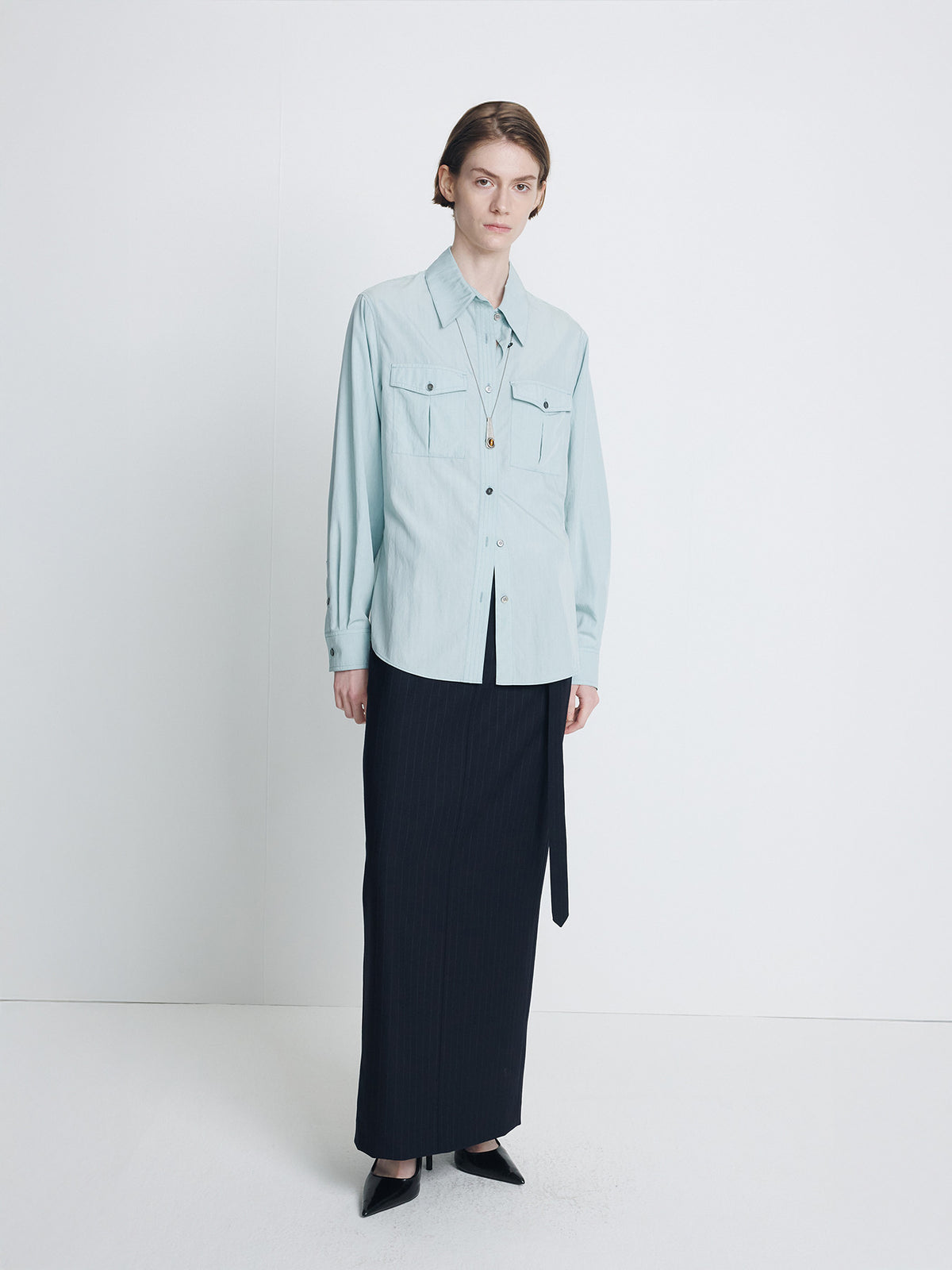 Tonywack - Pinstriped Wool Belted Maxi Skirt (Navy Pinstripe) product image 1 | TRAB K-Fashion Australia