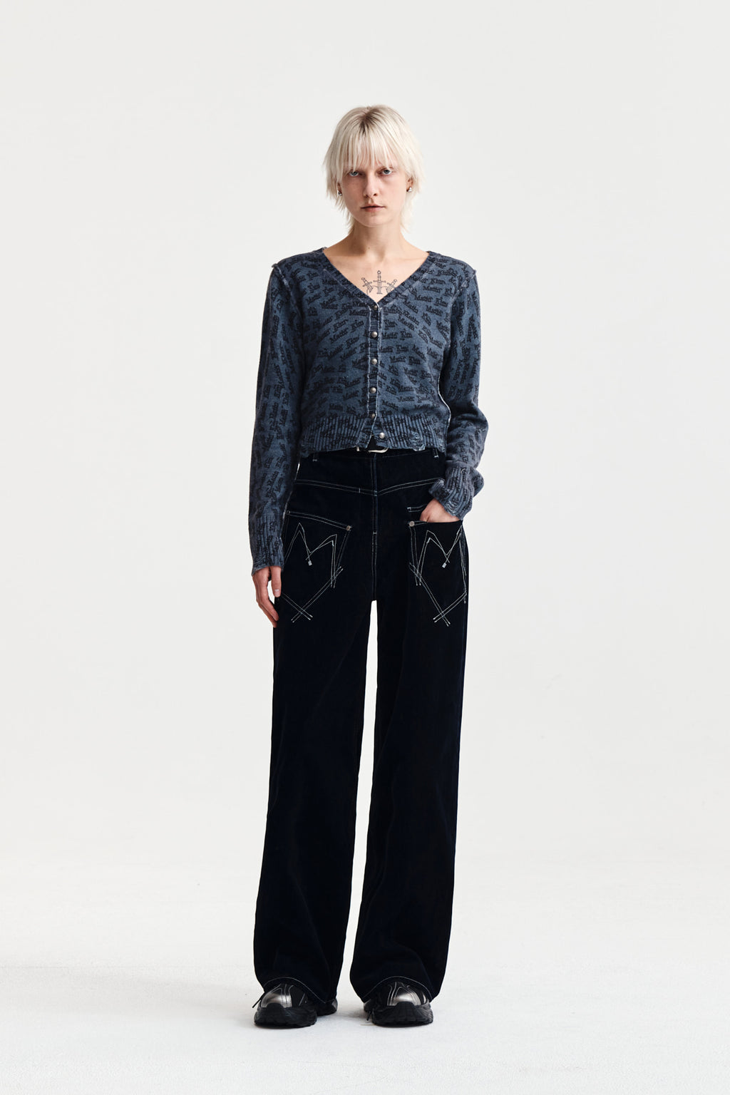 Matin Kim - All Over Logo Crop Cardigan (Navy) product image 8 | TRAB K-Fashion Australia