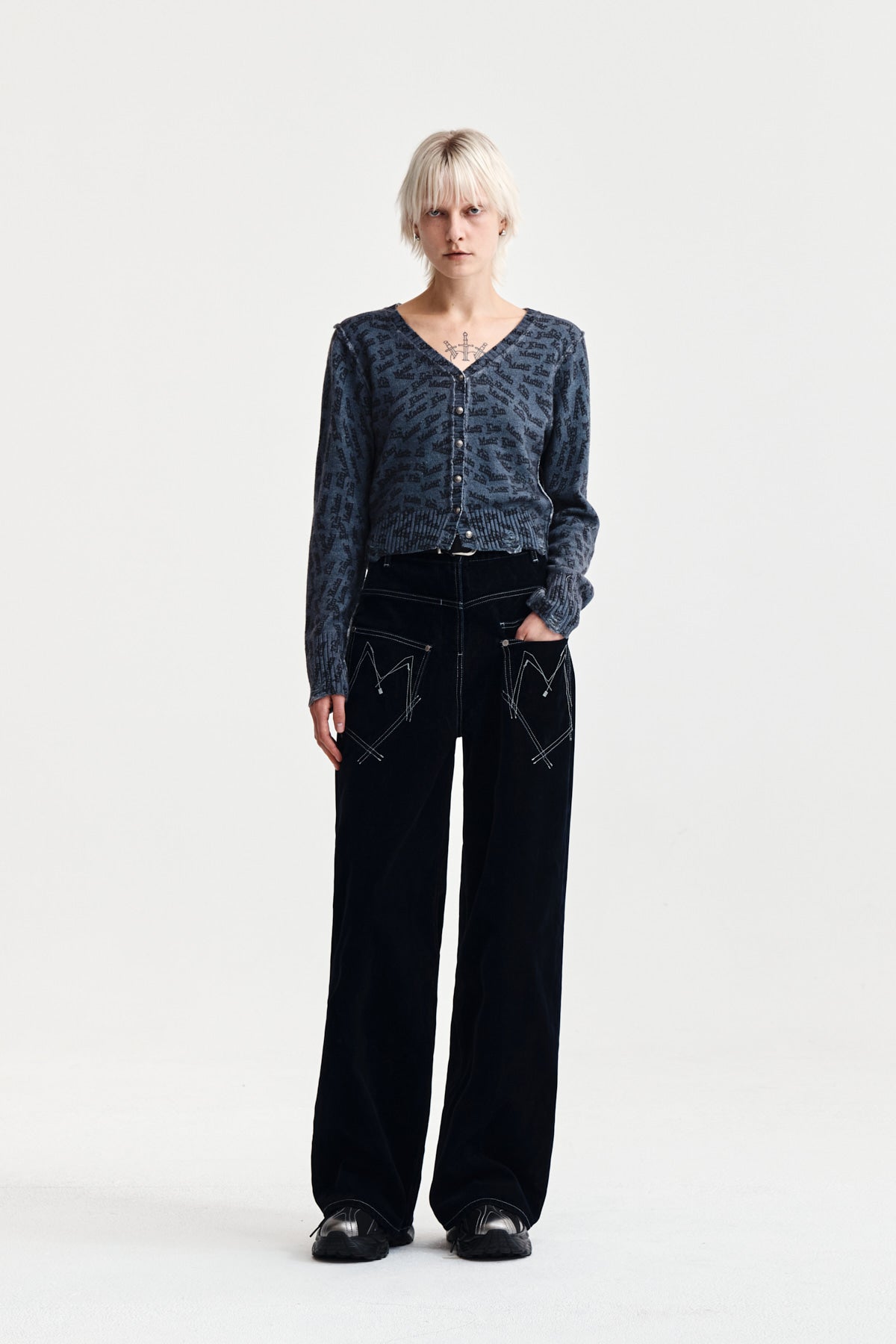 Matin Kim - All Over Logo Crop Cardigan (Navy) product image 8 | TRAB K-Fashion Australia