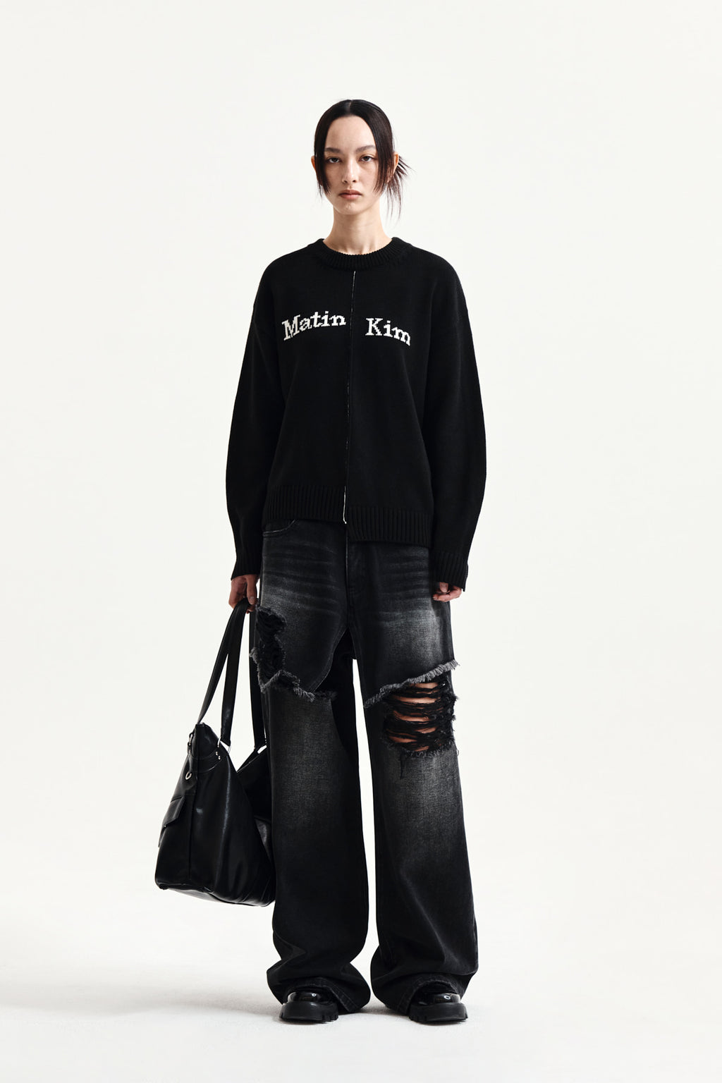 Matin Kim - Asymmetric Logo Knit Pullover (Black) product image 8 | TRAB K-Fashion Australia