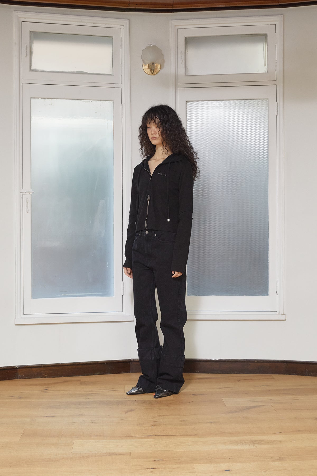 Matin Kim - Sleeve Slit Point Hoody Zip Up (Black) product image 7 | TRAB K-Fashion Australia