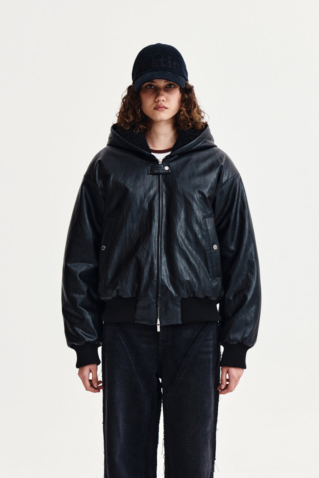 Matin Kim - Faux Leather Zip Up Hoody (Black) product image 1 | TRAB K-Fashion Australia