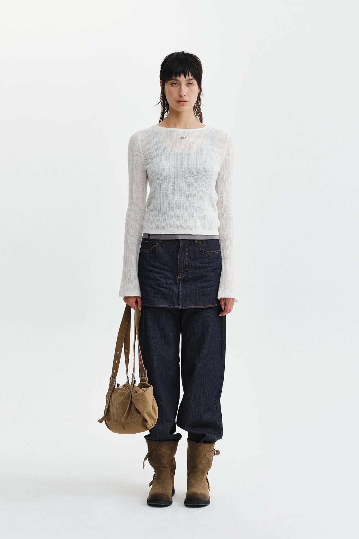 Matin Kim - Skirt Overlay Denim Pants (Dark Navy) product image 6 | TRAB K-Fashion Australia
