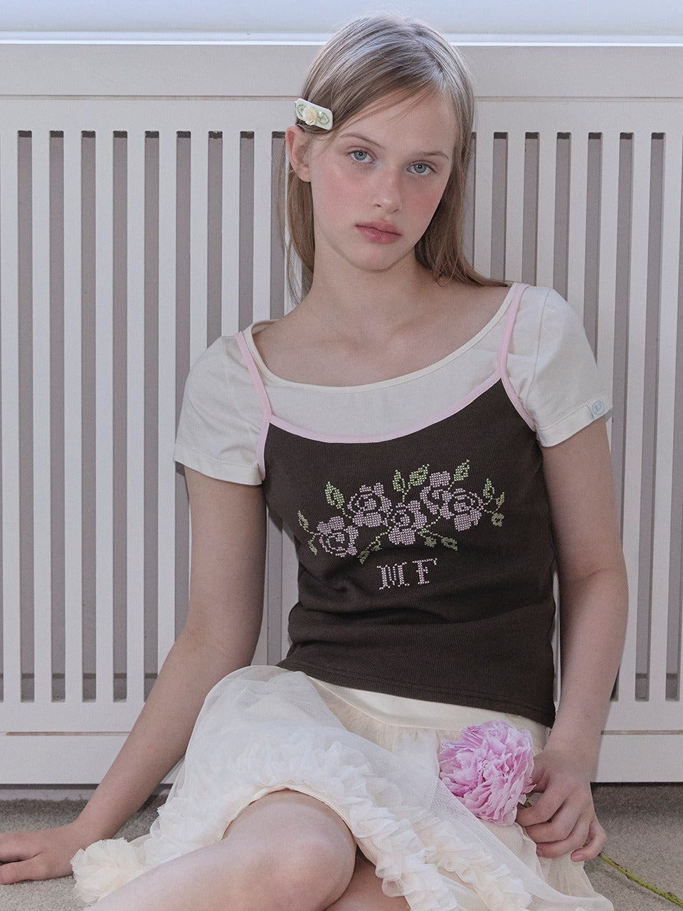 Margarin Fingers - Rose Embroidery Tank Top (Brown) product image 1 | TRAB K-Fashion Australia