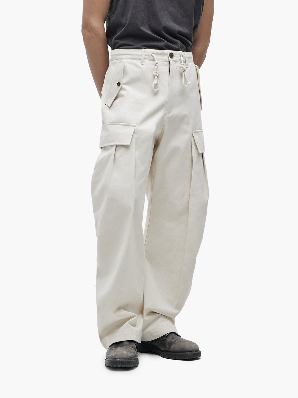 Jiyong Kim - Multi Pocket Curved Trousers (Off-White) product image 4 | TRAB K-Fashion Australia